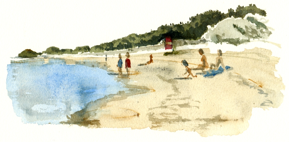 Balka beach with kids, akvarel - Watercolor by Frits Ahlefeldt Bornholm Coast path