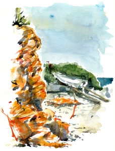 Syd kysten, akvarel - Watercolor by Frits Ahlefeldt Bornholm Coast path