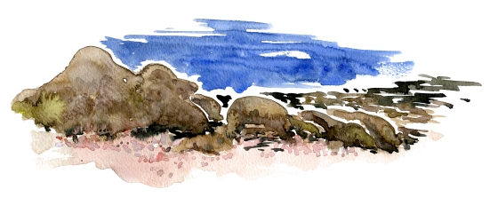 Aarsdale, ancient granite rocks, akvarel - Watercolor by Frits Ahlefeldt Bornholm Coast path