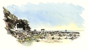 Fishing village. akvarel - Watercolor by Frits Ahlefeldt Bornholm Coast path