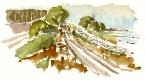 Skanse, defense hill, akvarel - Watercolor by Frits Ahlefeldt Bornholm Coast path