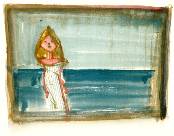 pige ved hav, akvarel - Watercolor by Frits Ahlefeldt Bornholm Coast path