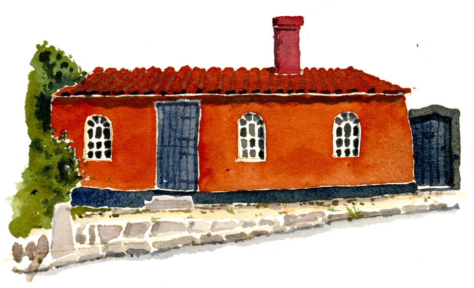 sandvig red house akvarel - Watercolor by Frits Ahlefeldt Bornholm Coast path
