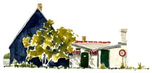 Sandvig black house, akvarel - Watercolor by Frits Ahlefeldt Bornholm Coast path