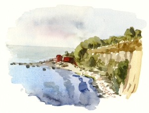 South coast akvarel - Watercolor by Frits Ahlefeldt Bornholm Coast path