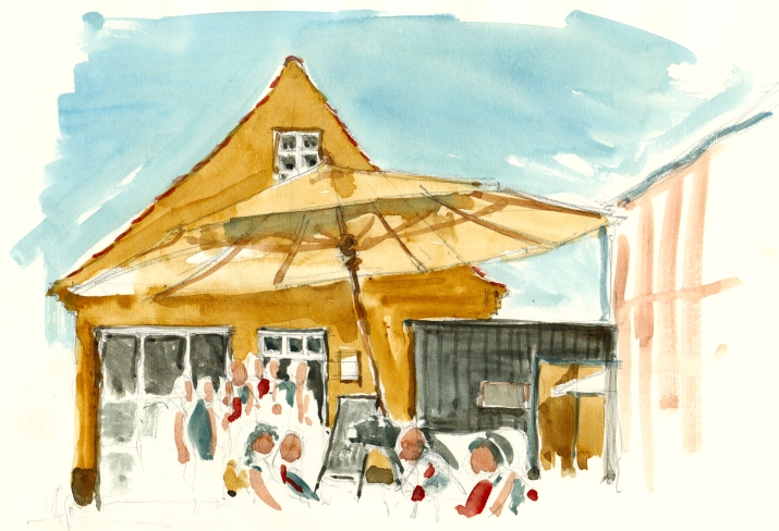 cafe' in Svaneke akvarel - Watercolor by Frits Ahlefeldt Bornholm Coast path